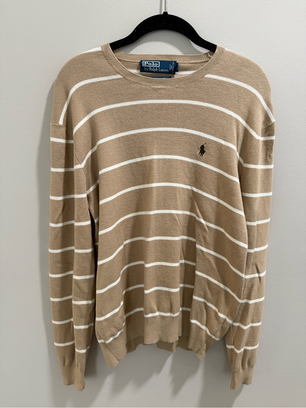 Ralph Lauren Tan and White Striped Crewneck Sweater